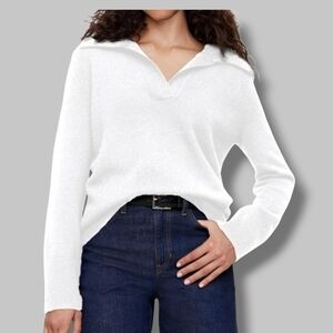 Crochetist - XL White Sweater Long Sleeve Polo V Neck Knit Pullover